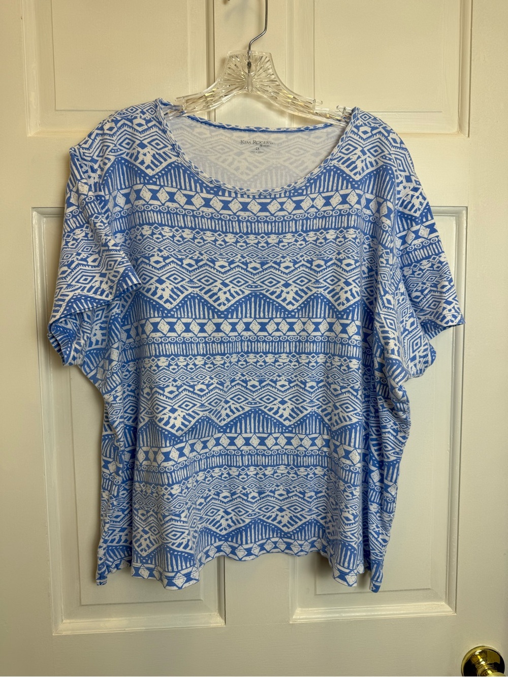 Kim Rogers Blue & White Aztec Scoop Neck Short Sleeve Top Size 2X